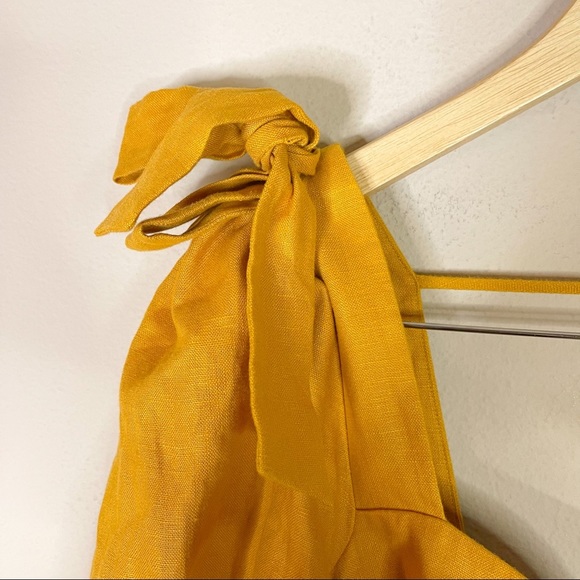 Reformation | 100% Linen Puff Sleeve Bow Tie Mustard Yellow Mini Dress Sz: 6 - Picture 5 of 9